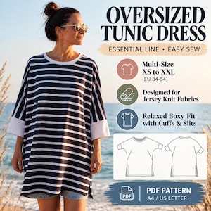 Oversized Tunic Dress Sewing Pattern, Sizes XS-XXL, Knit T-Shirt Dress PDF Pattern A4