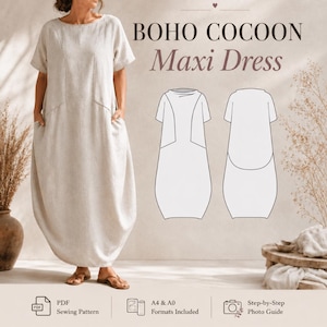 Può includere: Un abito lungo beige a maniche corte con silhouette a bozzolo e tasche laterali. L'immagine include il testo BOHO COCOON Maxi Dress, PDF Sewing Pattern, A4 & A0 Formats Included, Step-by-Step Photo Guide e SIZES L - 3XL.