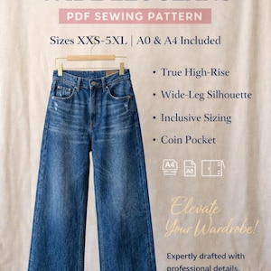 High Waisted Wide Leg Jeans Pattern PDF, Curvy Fit Denim Trousers,  A4 A0 Download