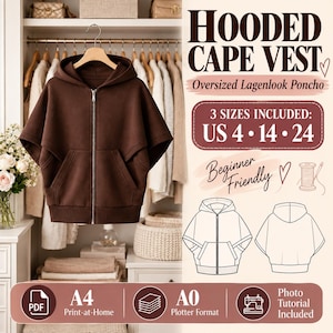 Lagenlook Hooded Cape Vest Sewing Pattern PDF, Drape Front Oversized Poncho Pattern, Minimalist Sleeveless Jacket Sizes US 4, 14, 24, A4 A0