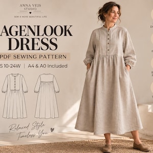 Lagenlook Linen Dress Sewing Pattern PDF | Boho Tuxedo Bib Dress | Sizes US 10-24W (EU 40-54) | Plus Size Cottagecore Maxi Dress