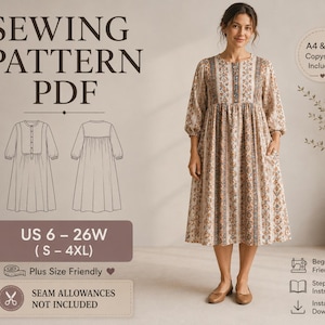 Lagenlook Boho Leinenkleid-Schnittmuster mit Smoking-Latz