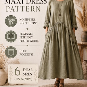 Puede incluir: Un patrón de costura para un vestido largo verde oliva con mangas largas, cuello redondo y bolsillos profundos. El texto dice: EASY BOHO MAXI DRESS PATTERN, NO ZIPPERS, NO BUTTONS, BEGINNER-FRIENDLY PHOTO GUIDE, DEEP POCKETS!, 6 DUAL SIZES (US 6-28W).