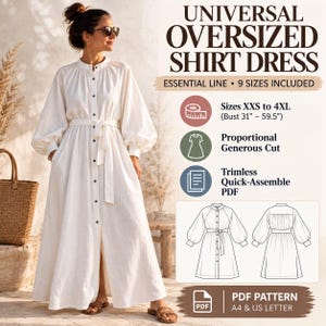 Mönster för överdimensionerad skjortklänning, storlekar XXS-4XL, maxi kaftan med knappar PDF-mönster A4