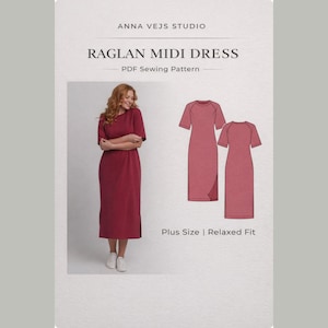 Patrón de costura en PDF para vestido raglán de talla grande, fácil para principiantes, vestido tipo camiseta con pinzas en el busto.