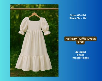 May include: A cream-colored girls' dress pattern with a square neckline and puff sleeves. The dress has a ruffled hem and is hanging on a wooden hanger. Text on the image reads "Boho Chic Girls Dress Pattern" and "Holiday Ruffle Dress PDF". Sizes 68-146, 6M-11Y.