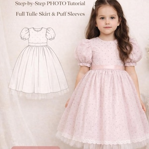 May include: A little girl wearing a pink princess party dress with a full tulle skirt and puff sleeves. The dress has a dotted pattern and a satin ribbon at the waist. The image includes a line drawing of the dress and text that reads "Princess Party Dress".