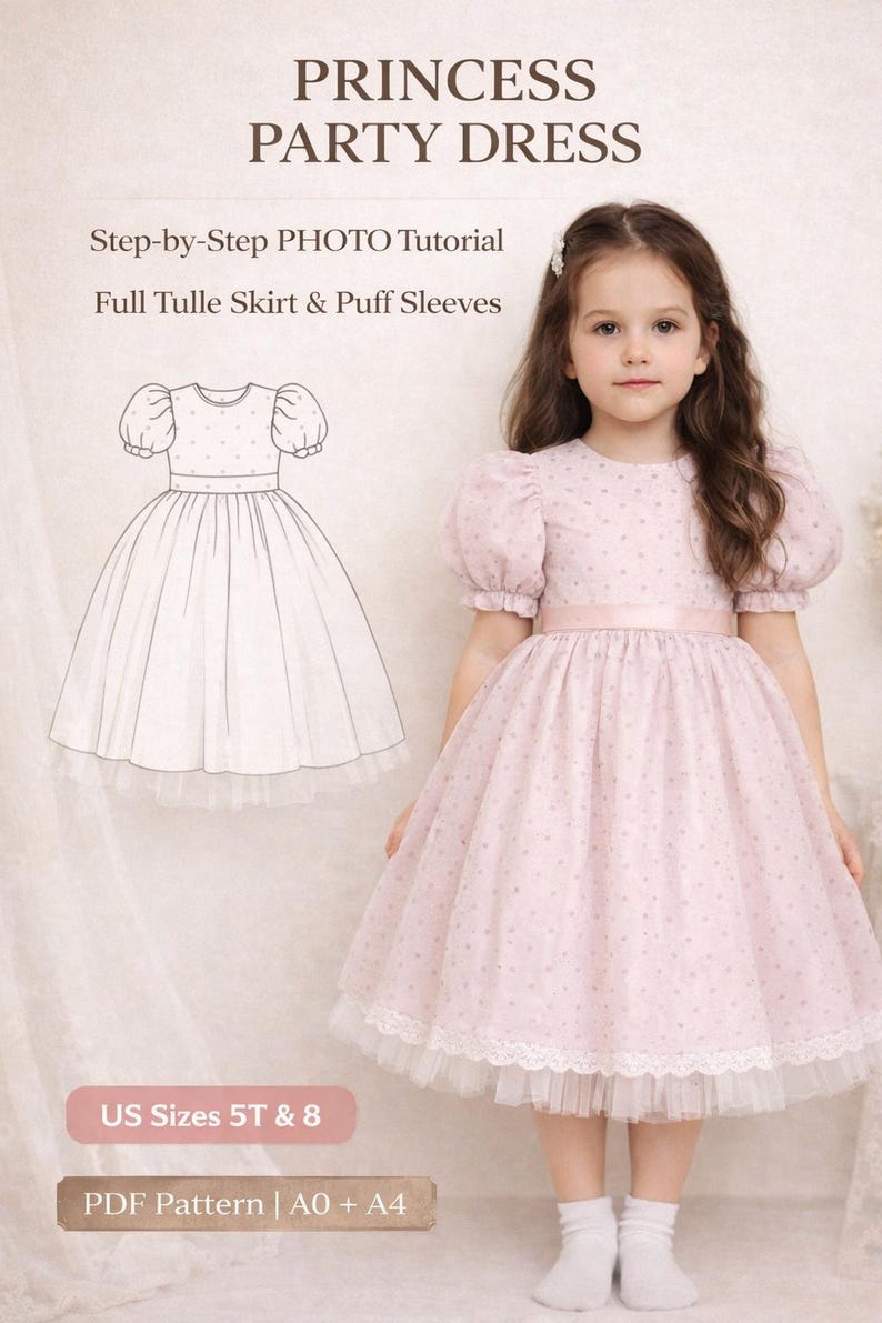 Princess Party Dress Sewing Pattern Tulle Skirt Puff Sleeves Sizes princess-party-dress-sewing-pattern-tulle-skirt-puff-sleeves-sizes