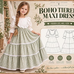 Molde em PDF para costura de vestido maxi infantil boho com camadas, tutorial de vestido de verão com babados para meninas, vestido de linho estilo cottagecore nos tamanhos 2T, 8Y e 12Y.
