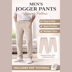 Patrón de costura en PDF para pantalones deportivos de hombre altos, corte ajustado, tallas S-L.