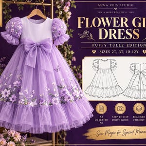 Flower Girl Dress Pattern PDF, Puffy Tulle Princess Dress Sewing Pattern, Empire Waist Birthday Gown Tutorial, Puff Sleeve Toddler Dress