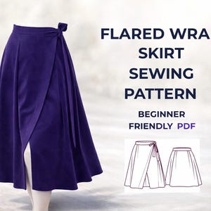 Puede incluir: Patrón de costura de falda envolvente acampanada en color morado oscuro. La imagen muestra el diseño de la falda y el texto "Flared Wrap Skirt Sewing Pattern Beginner Friendly PDF".