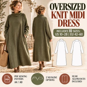 Könnte beinhalten: Ein übergroßes olivgrünes Strick-Midikleid mit Rollkragen und langen Ärmeln. Der Text lautet: Oversized Knit Midi Dress, Includes 10 sizes: US 10-28 | EU 42-60, PDF Sewing Pattern A4 / A0, 2 neckline options, Seam allowances included.