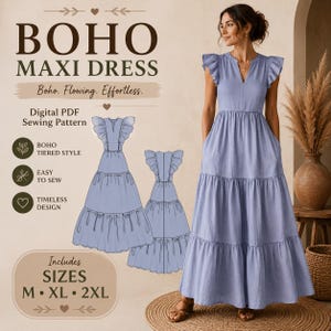 Boho Maxi Dress PDF Sewing Pattern, Cottagecore Tiered Ruffle Dress Pattern, Instant Download, Sizes M, XL, 2XL, Women Summer Dress Pattern