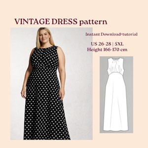 Pode incluir: Uma mulher vestindo um vestido de bolinhas preto e branco. O vestido é sem mangas, com um corpete ajustado e uma saia fluida. A imagem inclui um desenho do padrão do vestido e o texto "VINTAGE DRESS pattern". Altura 166-170 cm.