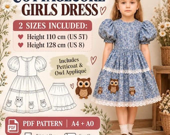 Cottagecore Girls Dress Sewing Pattern, Sizes 5T  8 (110  128 cm), Puff Sleeve PDF Pattern A0 A4