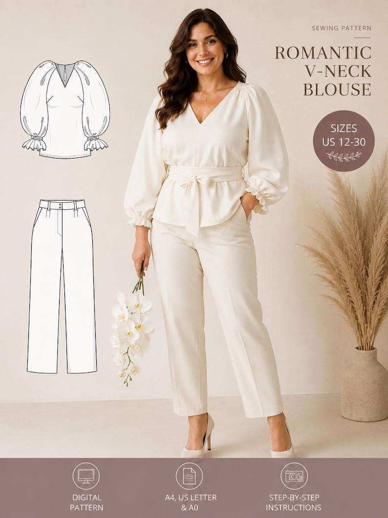 Plus Size V-neck Blouse Sewing Pattern PDF, Puff Sleeve Raglan Top ...