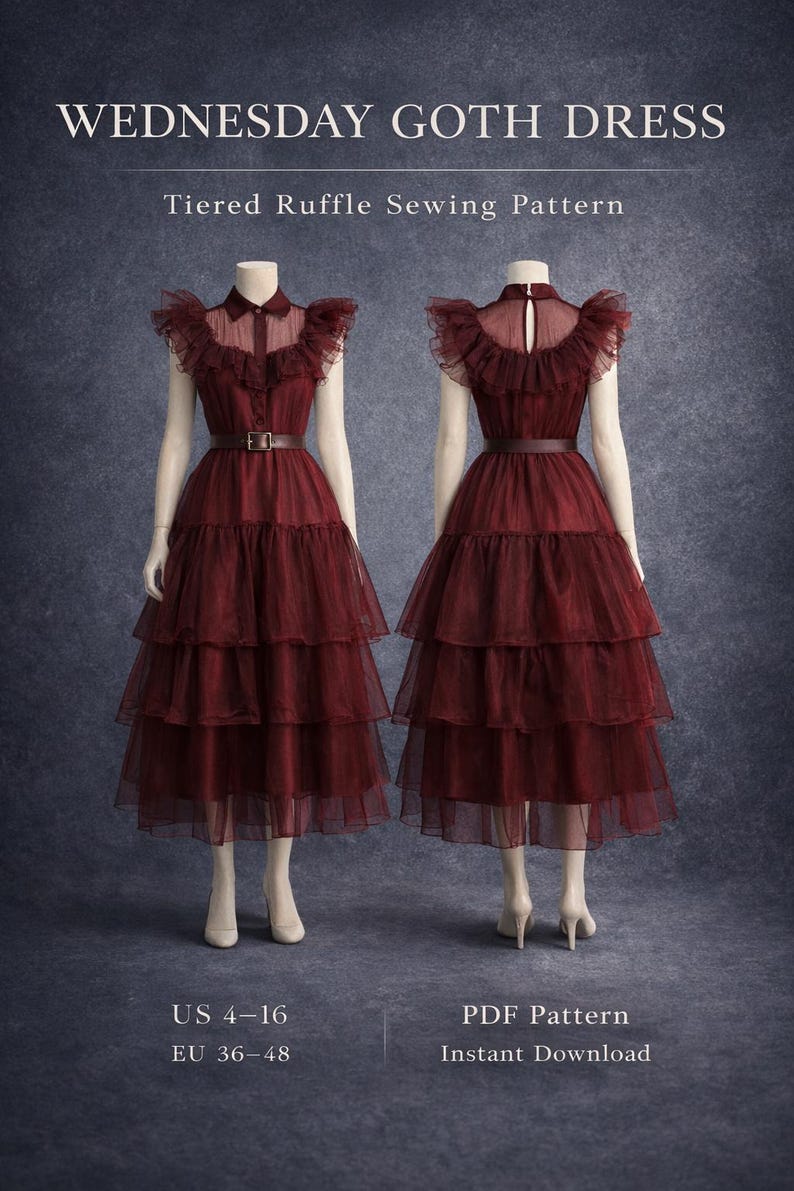 Wednesday Goth Dress Sewing Pattern | Tiered Ruffle Midi (PDF Pattern ...