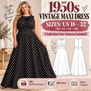 Vintage Plus Size Dress Sewing Pattern PDF, 1950s Retro Maxi Gown Pattern, Curvy Women Prom Dress US 16W-30W 1XL-5XL, A4 A0 Plotter