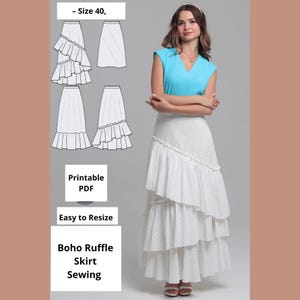 Boho Ruffle Skirt PDF Sewing Pattern – Easy Tiered Maxi Skirt with Detailed Instruction