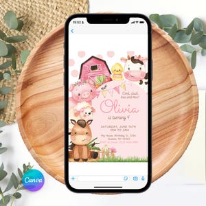Editable pink farm birthday invitation featuring adorable watercolor barn animals like a pig, cow, chick, lamb, and horse with floral details and a pink barn. Includes a matching thank you tag. Perfect for a girl’s barnyard-themed party. Soft pastel tones and polka dot background add a sweet, charming touch. Instant download, customizable in Canva. Ideal for ages 1–5.