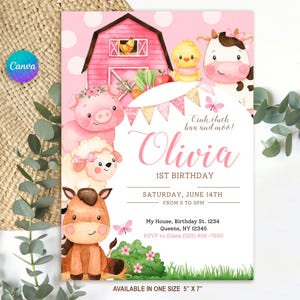 Editable pink farm birthday invite, barnyard animals, girl’s first birthday, floral barnyard party, pink farm party invite for girls