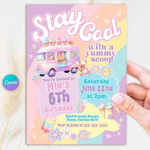 Convite de aniversário com caminhão de sorvete para menina - Modelo editável do Canva, Festa de verão em tons pastel, Download digital, Convite Boho Retro