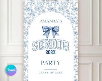 Cartello di benvenuto per la laurea in stile Toile de Jouy blu: elegante decorazione in stile Chinoiserie (download digitale)