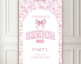 Pink Chinoiserie Graduation Welcome Sign: Editable Toile Decor (Canva Template)