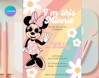 Retro Minnie Mouse Third Birthday Invitation | Daisy Rainbow, Editable Canva Template