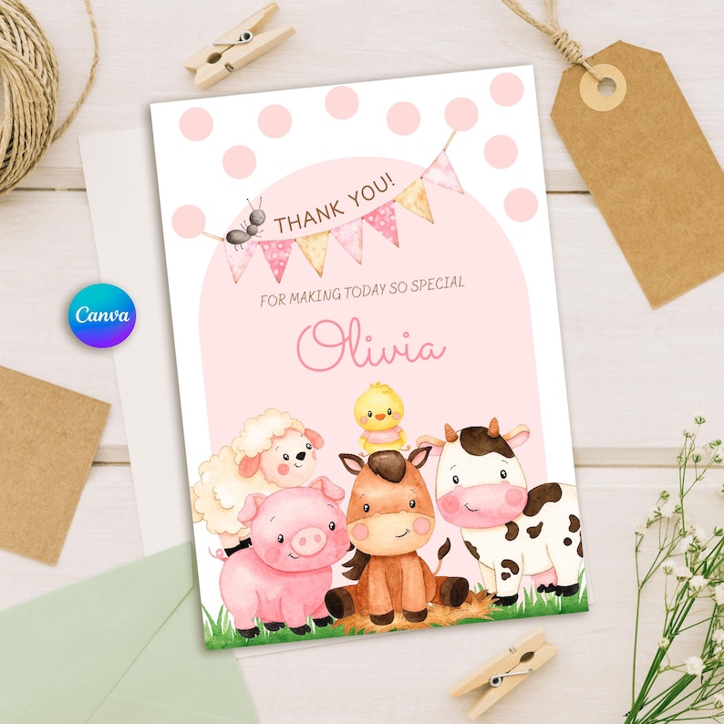 Editable pink farm birthday invitation, barn animals invite for girls, girl barnyard birthday, floral barnyard animals + free thank you tag image 8