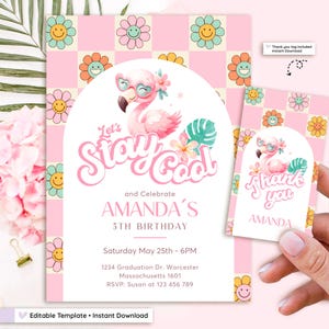 Convite de aniversário de flamingo para menina, Festa de verão "Vamos ficar legais", Festa na piscina animada, Tema editável com cartão de agradecimento, Modelo Canva