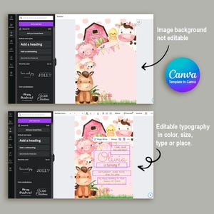 Editable pink farm birthday invitation featuring adorable watercolor barn animals like a pig, cow, chick, lamb, and horse with floral details and a pink barn. Includes a matching thank you tag. Perfect for a girl’s barnyard-themed party. Soft pastel tones and polka dot background add a sweet, charming touch. Instant download, customizable in Canva. Ideal for ages 1–5.