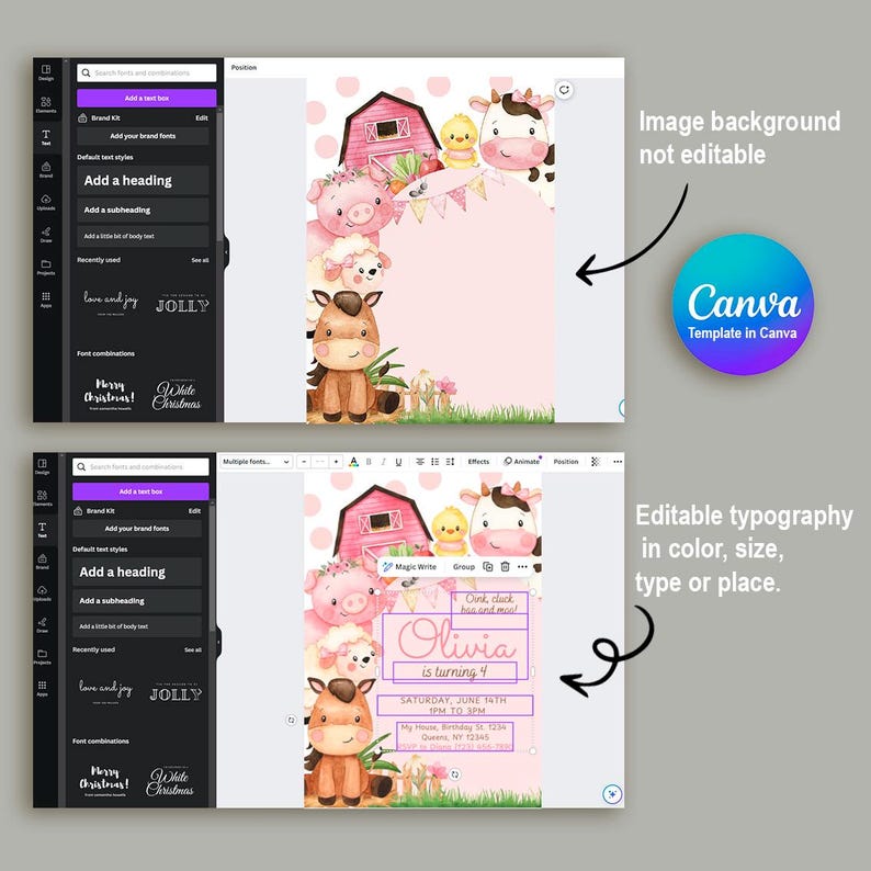 Editable pink farm birthday invitation featuring adorable watercolor barn animals like a pig, cow, chick, lamb, and horse with floral details and a pink barn. Includes a matching thank you tag. Perfect for a girl’s barnyard-themed party. Soft pastel tones and polka dot background add a sweet, charming touch. Instant download, customizable in Canva. Ideal for ages 1–5.