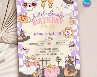 May include: A Halloween-themed birthday party invitation with a purple and white checkered background. The invitation features cartoon illustrations of a ghost, cat, pumpkin, and other spooky elements. Text reads "Not So Spooky Birthday Party".