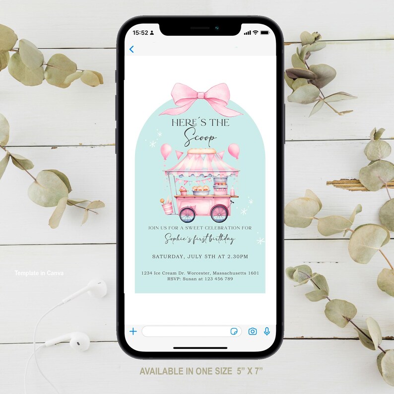 Editable pastel ice cream truck birthday invitation for girls. Sweet summer party design with girly elements, retro style, and pink ice cream cart. Printable Canva template, ideal for toddler or kid’s birthday, backyard or pool party. Cute and colorful design with balloons, sprinkles, and summer treats. Instant digital download, customizable with your party details.
