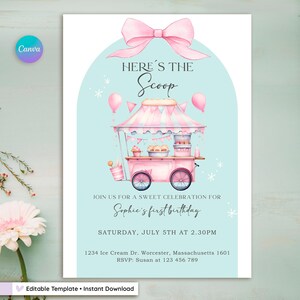 Editable pastel ice cream truck birthday invitation for girls. Sweet summer party design with girly elements, retro style, and pink ice cream cart. Printable Canva template, ideal for toddler or kid’s birthday, backyard or pool party. Cute and colorful design with balloons, sprinkles, and summer treats. Instant digital download, customizable with your party details.