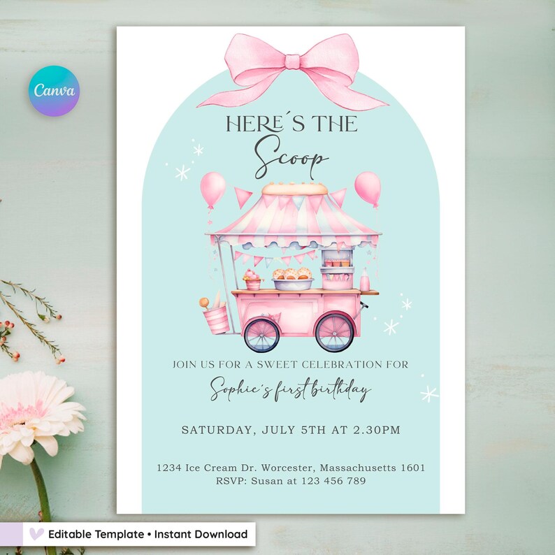 Editable pastel ice cream truck birthday invitation for girls. Sweet summer party design with girly elements, retro style, and pink ice cream cart. Printable Canva template, ideal for toddler or kid’s birthday, backyard or pool party. Cute and colorful design with balloons, sprinkles, and summer treats. Instant digital download, customizable with your party details.