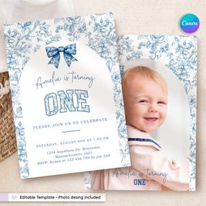 Blue Toile First Birthday Invitation | Chinoiserie Baby 1st Birthday Invite with Photo | Editable Canva Bow Design, Instant Download