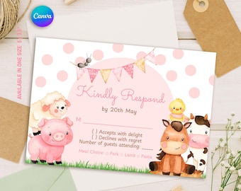 Editable Pink Farm Birthday RSVP Card | Canva Template | Instant Download