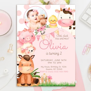 Faire-part d'anniversaire à la ferme avec photo, fête de la basse-cour rose, invitation d'animaux de la ferme mignons, 1er ou 2e anniversaire, modifiable sur toile, téléchargement immédiat