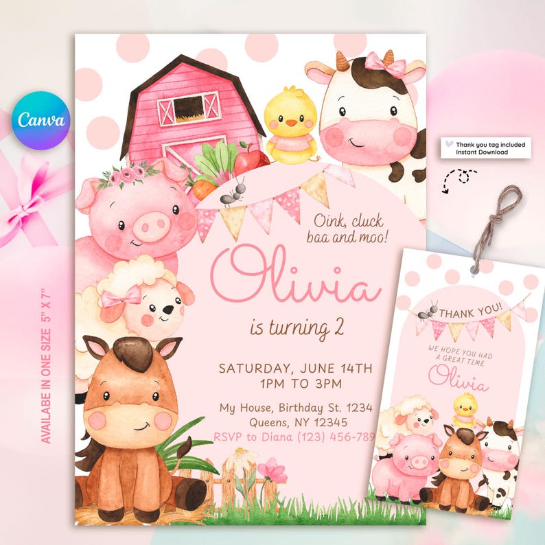 Editable pink farm birthday invitation featuring adorable watercolor barn animals like a pig, cow, chick, lamb, and horse with floral details and a pink barn. Includes a matching thank you tag. Perfect for a girl’s barnyard-themed party. Soft pastel tones and polka dot background add a sweet, charming touch. Instant download, customizable in Canva. Ideal for ages 1–5.