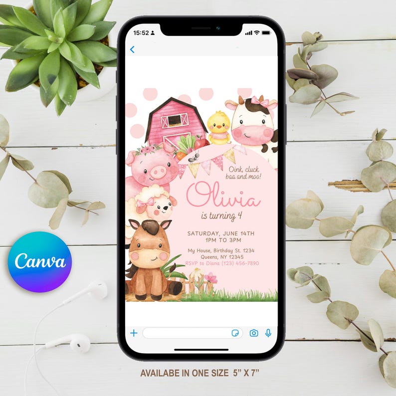 Editable pink farm birthday invitation featuring adorable watercolor barn animals like a pig, cow, chick, lamb, and horse with floral details and a pink barn. Includes a matching thank you tag. Perfect for a girl’s barnyard-themed party. Soft pastel tones and polka dot background add a sweet, charming touch. Instant download, customizable in Canva. Ideal for ages 1–5.