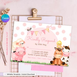 Editable pink farm birthday invitation, barn animals invite for girls, girl barnyard birthday, floral barnyard animals + free thank you tag image 9
