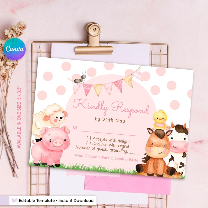 Editable pink farm birthday invitation, barn animals invite for girls, girl barnyard birthday, floral barnyard animals + free thank you tag image 9
