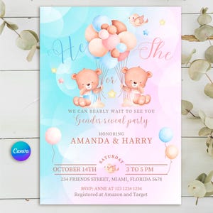 Plantilla de invitación para revelar el género del bebé con ositos de peluche, editable en Canva, rosa y azul