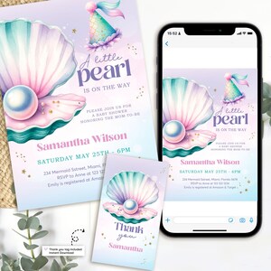 Bewerkbare babyshoweruitnodiging - thema kleine parel - aquarel zeeschelp, pastel oceaan meisje sjabloon - Canva + gratis bedankkaart