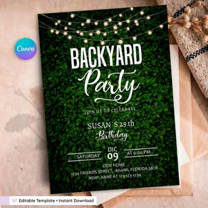Invito per festa in giardino modificabile, invito di compleanno personalizzabile, tema giardino rustico, modello Canva digitale, download immediato