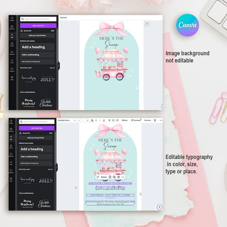 Editable pastel ice cream truck birthday invitation for girls. Sweet summer party design with girly elements, retro style, and pink ice cream cart. Printable Canva template, ideal for toddler or kid’s birthday, backyard or pool party. Cute and colorful design with balloons, sprinkles, and summer treats. Instant digital download, customizable with your party details.