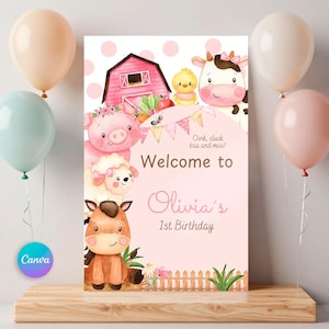 Pink Farm Birthday Welcome Sign: Barnyard Animals, Floral Theme (Digital Download)